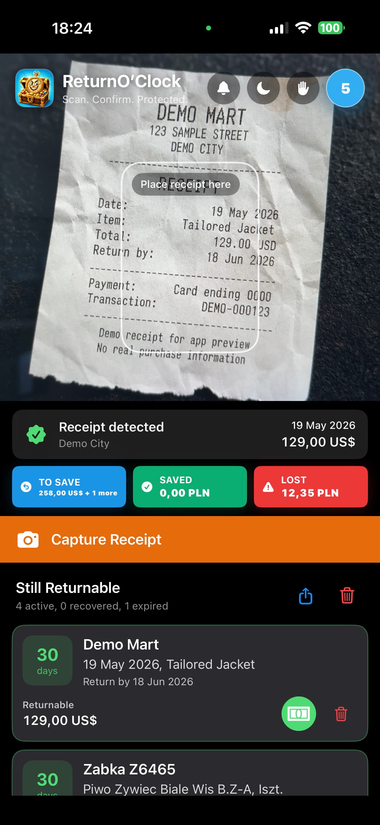 ReturnO’Clock iPhone app preview showing receipt capture, detected receipt details, and active return cards.
