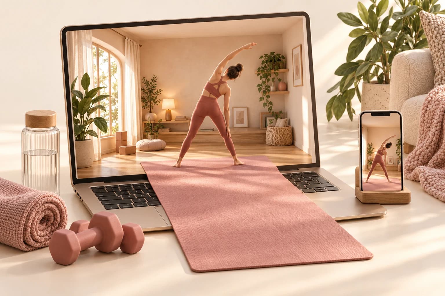 Illustration of a home fitness studio with a laptop and a pink exercise mat