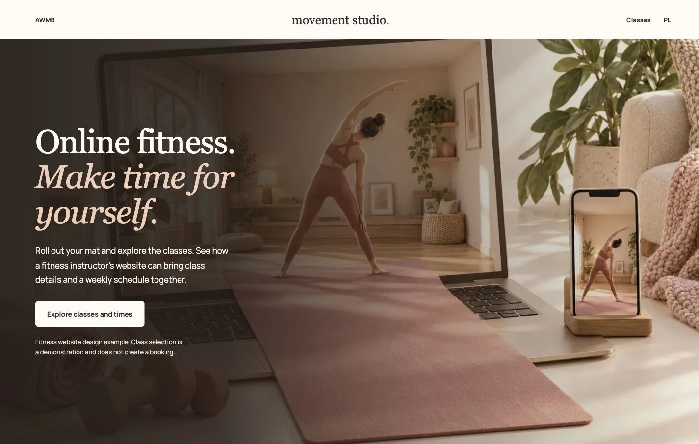 Fitness page preview with its headline, navigation and class introduction.