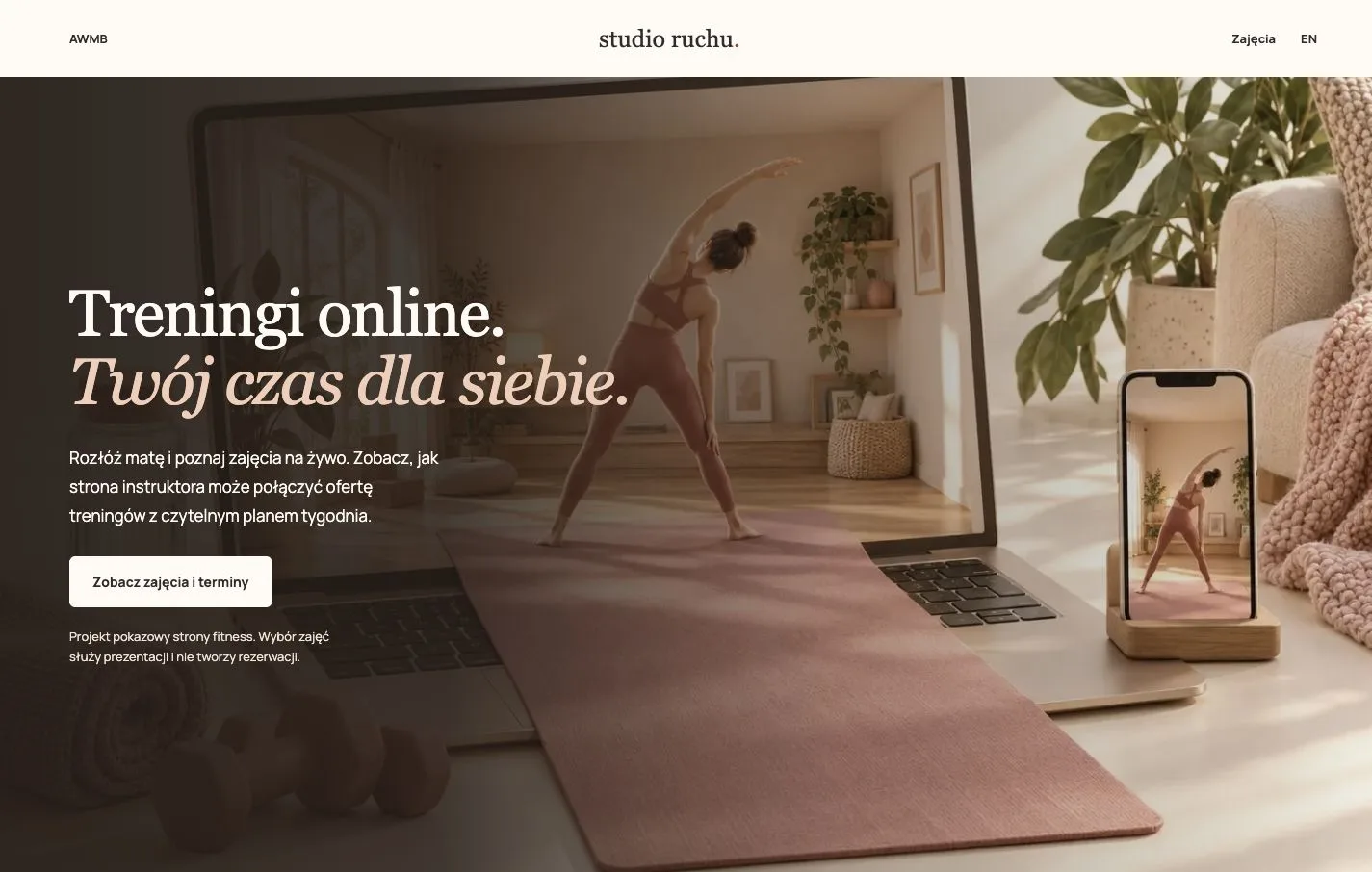 Podgląd strony fitness z nagłówkiem, nawigacją i ofertą treningów.