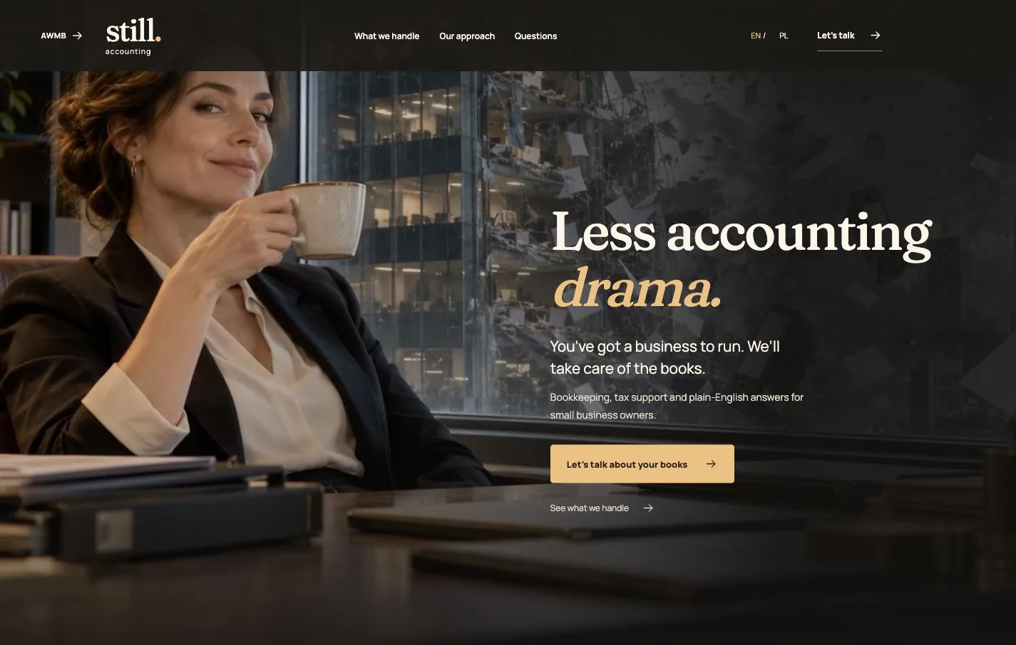 Still Accounting page preview with its headline, navigation and an accountant enjoying her coffee.