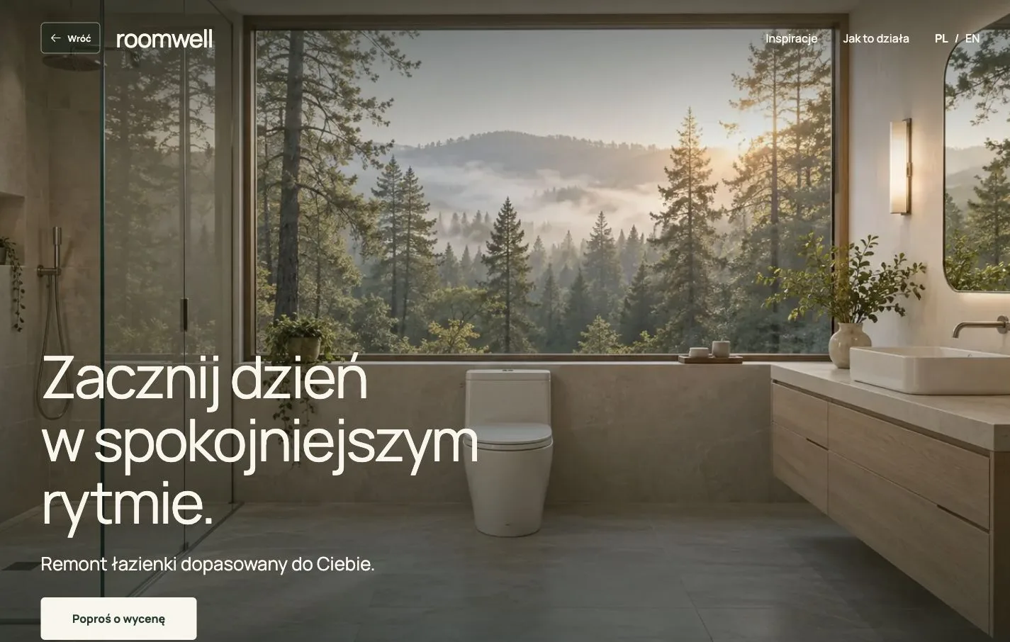 Pokazowy landing page Roomwell z leśnym widokiem i przyciskiem wyceny.