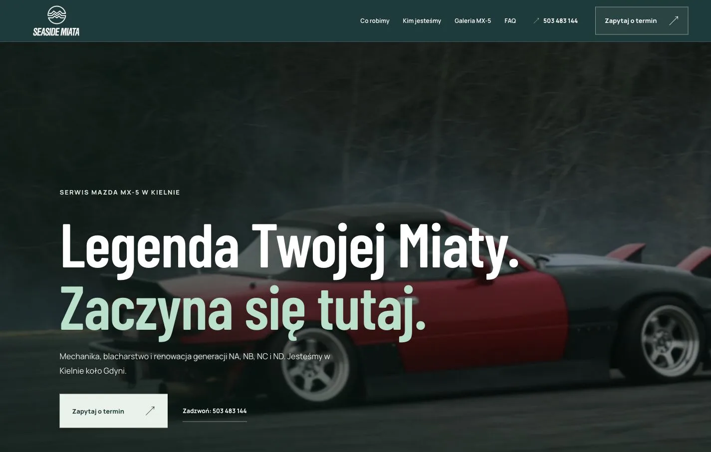 SeaSide Miata page preview with its headline, navigation and Mazda MX-5 cars.