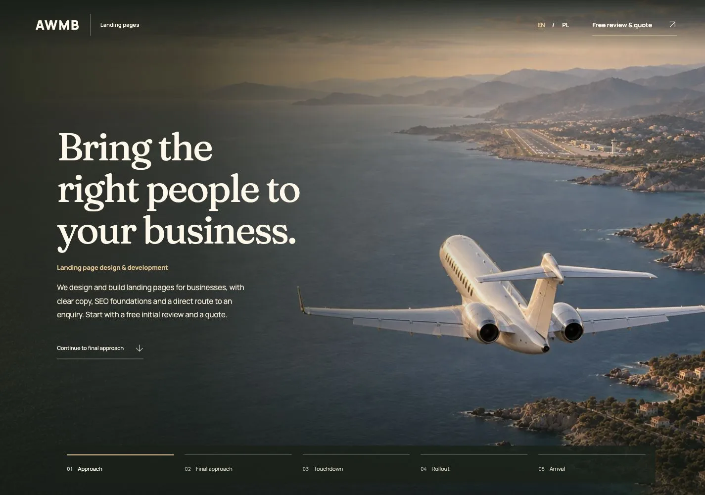 Screenshot of the AWMB landing page service: headline, offer and call to action over the airplane image.