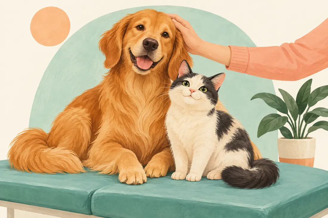 A friendly golden dog and a black-and-white cat sitting together, with a gentle hand stroking the dog.