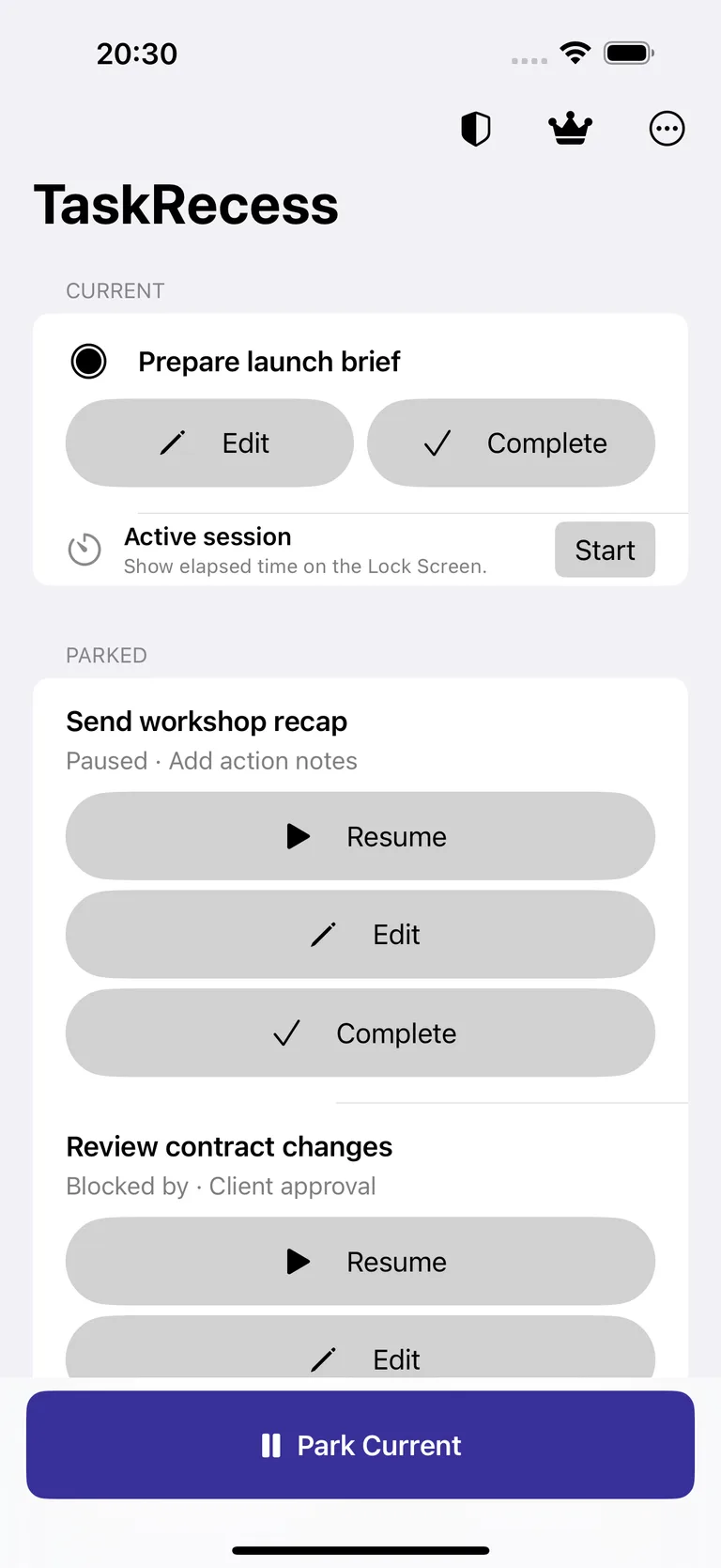 TaskRecess Current and parked tasks screen with fictional task examples.