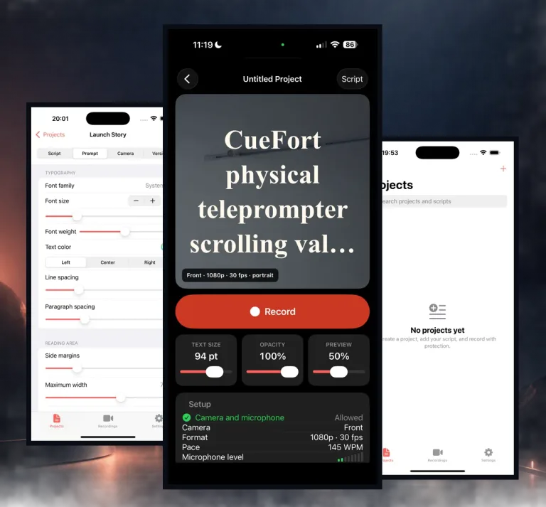 CueFort iPhone teleprompter showing script controls, recording preflight, and protected video projects.