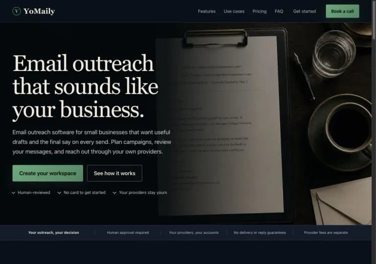 Current YoMaily homepage presenting email outreach software and workspace creation.