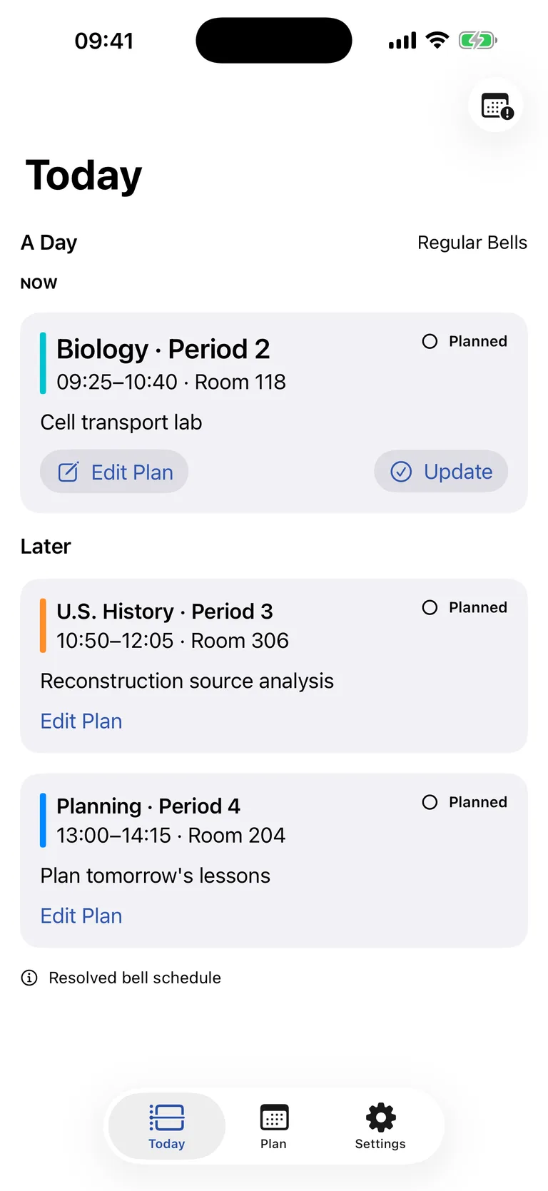 Belfer Today screen with the current lesson, upcoming teaching periods, and bell schedule.