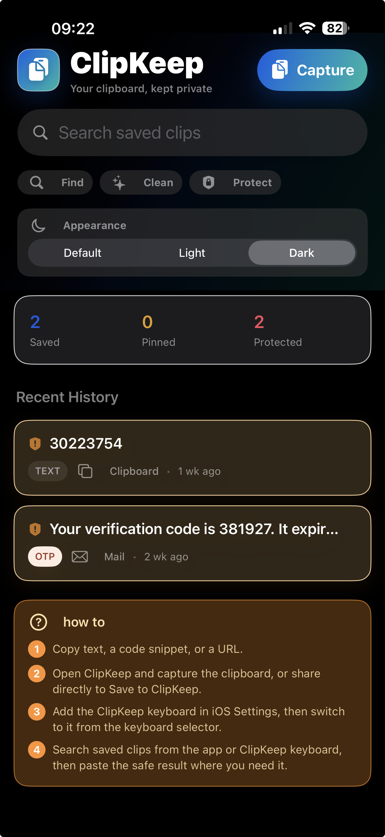 ClipKeep iPhone app screen showing saved clips, search, and protection controls.
