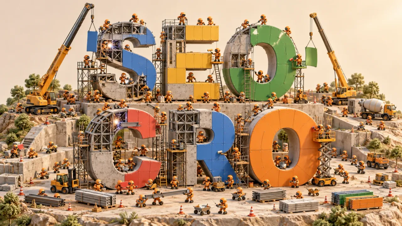 Orange robots building SEO and CRO letters, artwork for the AWMB website audit service.